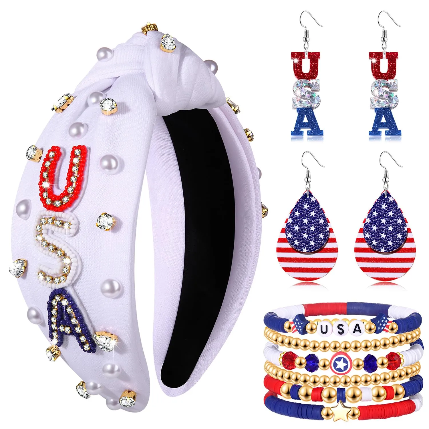 4th of July Accessories for Women American Flag Headband USA Earrings Red Blue White Beaded Heishi Bracelets USA Patriotic Fourth Of July Accessories Outfits Jewelry Gifts (White A)