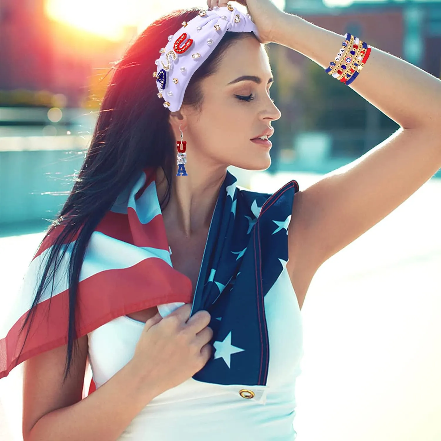 4th of July Accessories for Women American Flag Headband USA Earrings Red Blue White Beaded Heishi Bracelets USA Patriotic Fourth Of July Accessories Outfits Jewelry Gifts (White A)