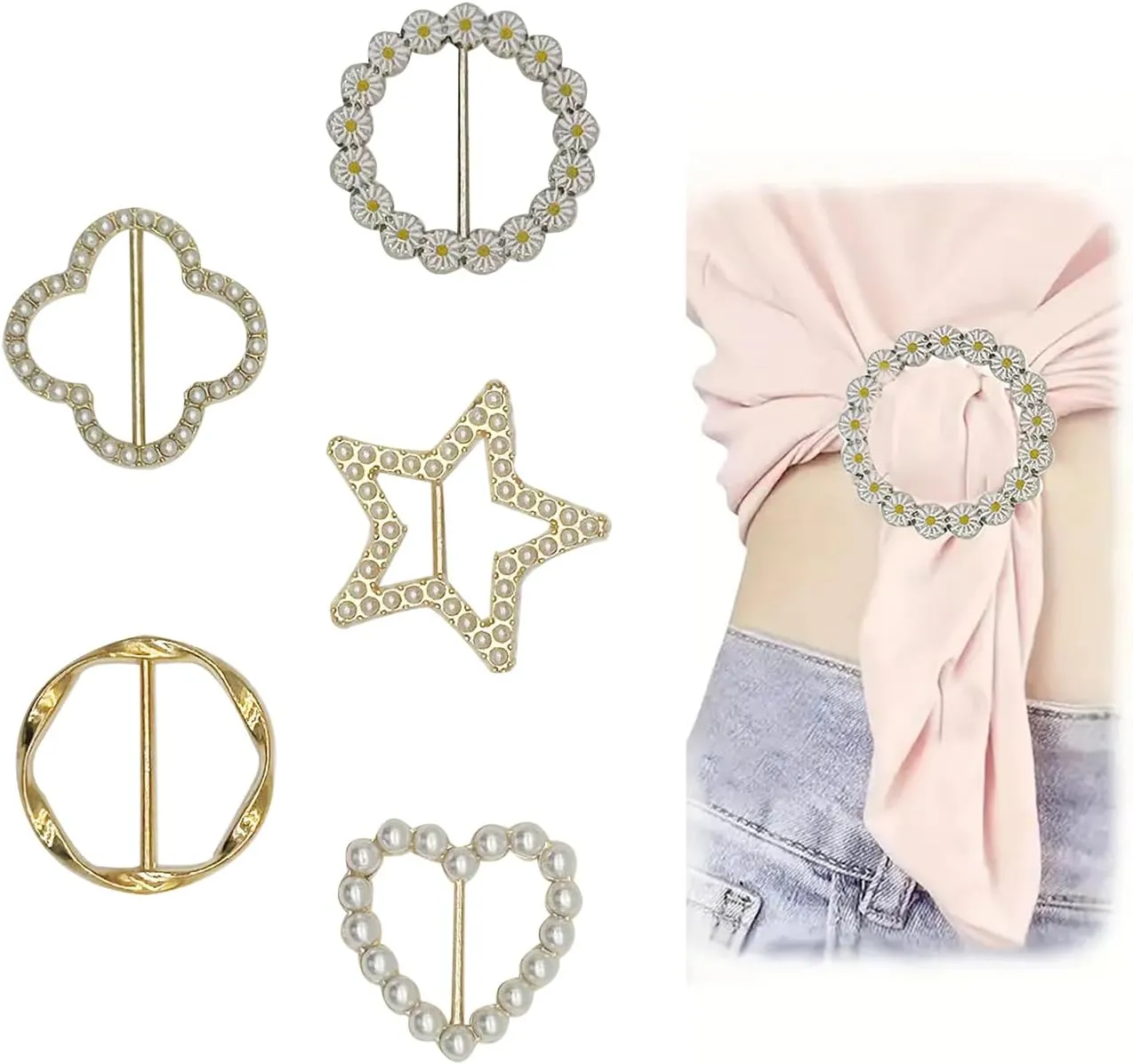 5PCS Silk Scarf Ring Clip T-shirt Tie Clips for Women,Silk Scarf Ring Clip Waist Clothes Corner Knotted Button Daisy Star Circle Buckle Clothing Ring Wrap Holder Round Scarves Clasp