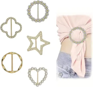5PCS Silk Scarf Ring Clip T-shirt Tie Clips for Women,Silk Scarf Ring Clip Waist Clothes Corner Knotted Button Daisy Star Circle Buckle Clothing Ring Wrap Holder Round Scarves Clasp