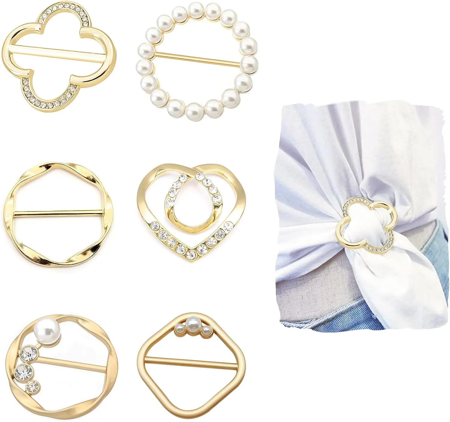 6 Pcs Silk Scarf Ring Shirt ClipsT-shirt Ties Clips Clothes Corner Knotted Button Belt Buckle For Lady Girls Women with Pearl Rhinestone