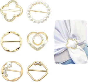6 Pcs Silk Scarf Ring Shirt ClipsT-shirt Ties Clips Clothes Corner Knotted Button Belt Buckle For Lady Girls Women with Pearl Rhinestone