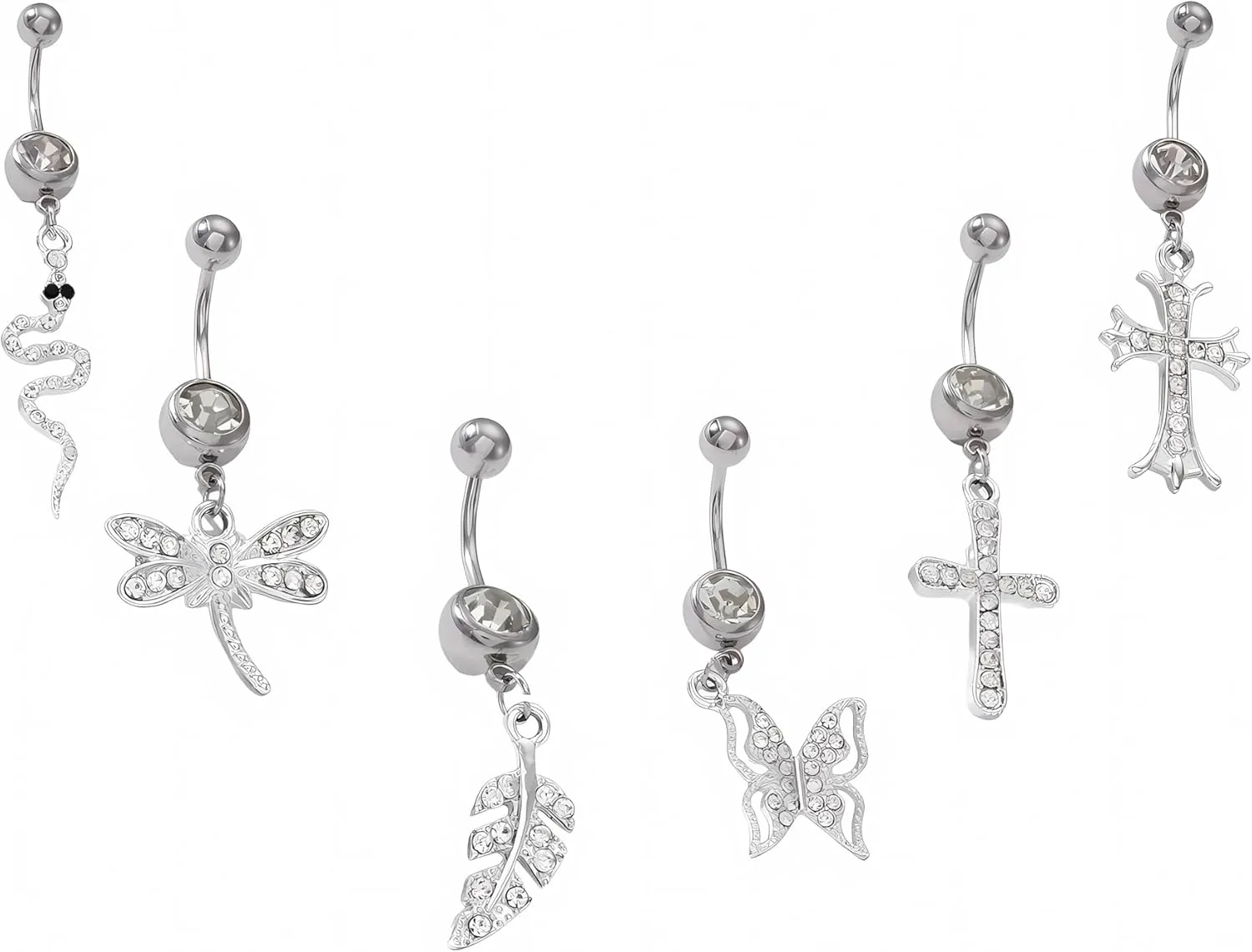 6pcs Belly Button Ring Dangle Belly Rings Hypoallergenic Surgical Stainless Steel Belly Rings Fashion Cross/Butterfly/Dragonfly/Snake//Leaf Dangling Belly Button Rings Cubic Zirconia Belly Button Barb