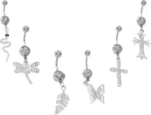 6pcs Belly Button Ring Dangle Belly Rings Hypoallergenic Surgical Stainless Steel Belly Rings Fashion Cross/Butterfly/Dragonfly/Snake//Leaf Dangling Belly Button Rings Cubic Zirconia Belly Button Barb