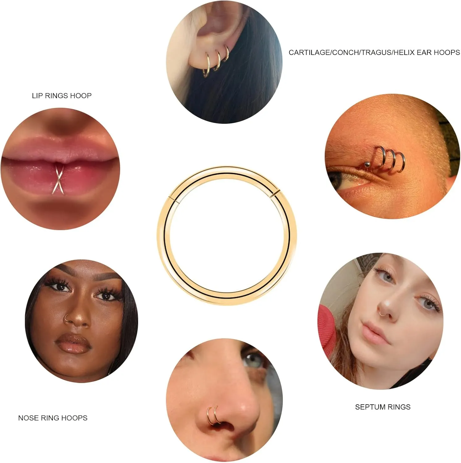 6pcs G23 Titanium Nose Rings Hoop - 20G 18G 16G 14G Diameter 6mm/7mm/8mm/9mm/10mm/11mm/12mm Hinged Segment Ring Gold/Rose Gold/Silver/Black/Pink/Rainbow Body Piercing Rings