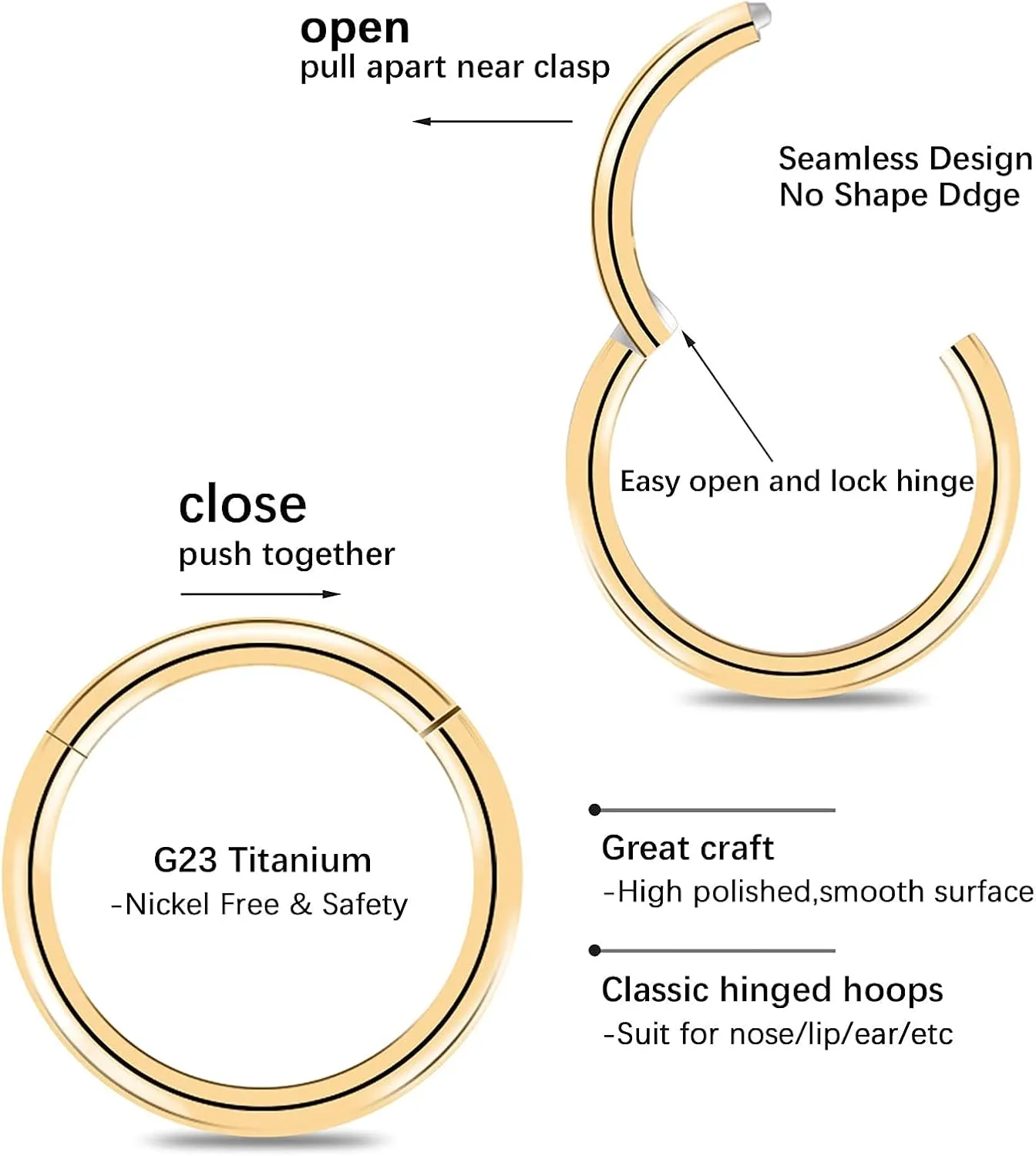 6pcs G23 Titanium Nose Rings Hoop - 20G 18G 16G 14G Diameter 6mm/7mm/8mm/9mm/10mm/11mm/12mm Hinged Segment Ring Gold/Rose Gold/Silver/Black/Pink/Rainbow Body Piercing Rings