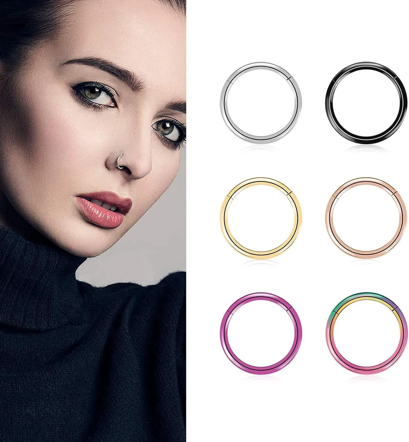 6pcs G23 Titanium Nose Rings Hoop - 20G 18G 16G 14G Diameter 6mm/7mm/8mm/9mm/10mm/11mm/12mm Hinged Segment Ring Gold/Rose Gold/Silver/Black/Pink/Rainbow Body Piercing Rings