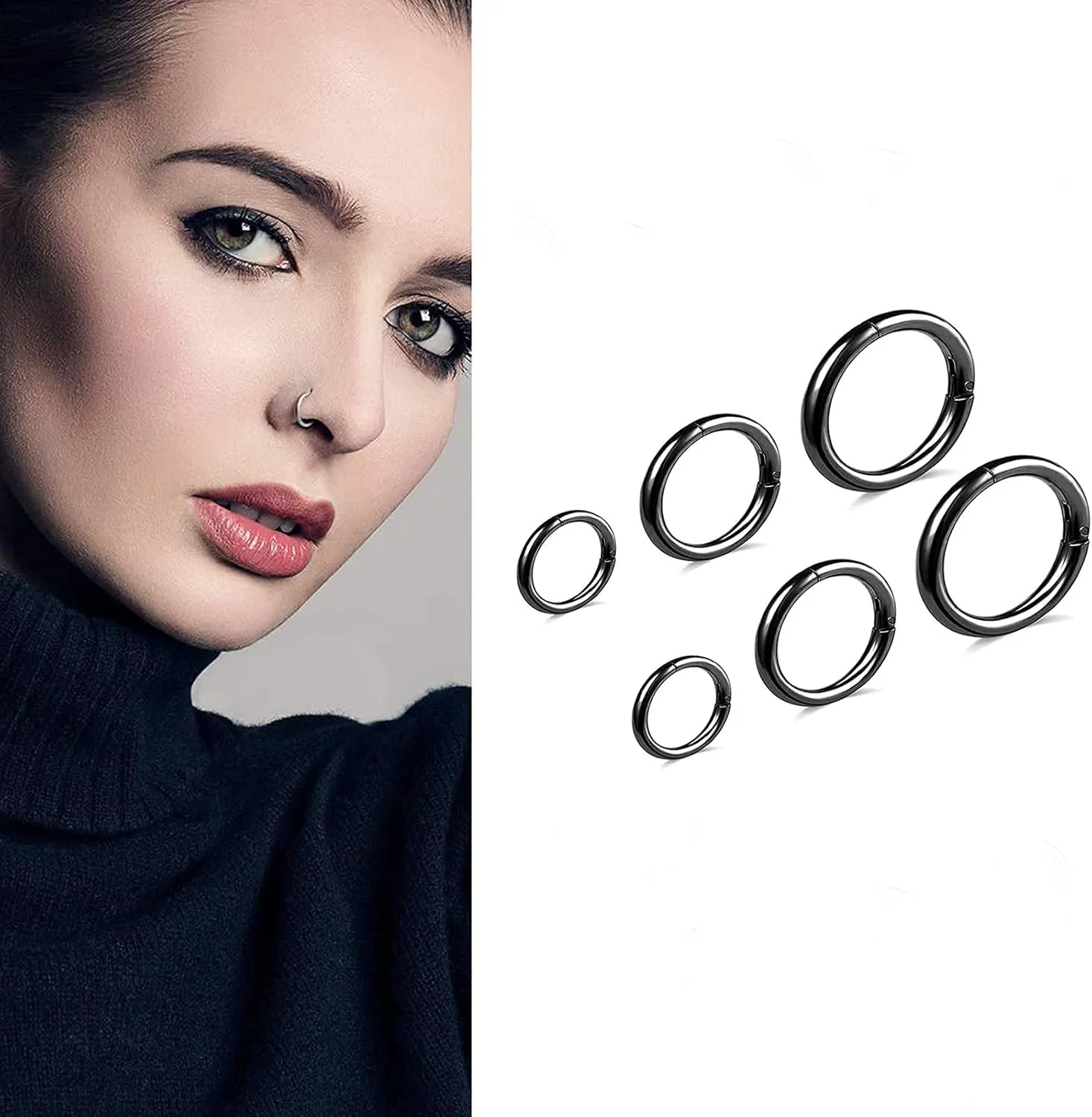 6pcs G23 Titanium Septum Rings 16G Diameter 6mm/8mm/10mm Hinged Nose Ring Hoops for Women Men Girls Cartilage Hoop Earrings Body Piercing Rings Black/Silver/Gold/Rose Gold Lip Rings