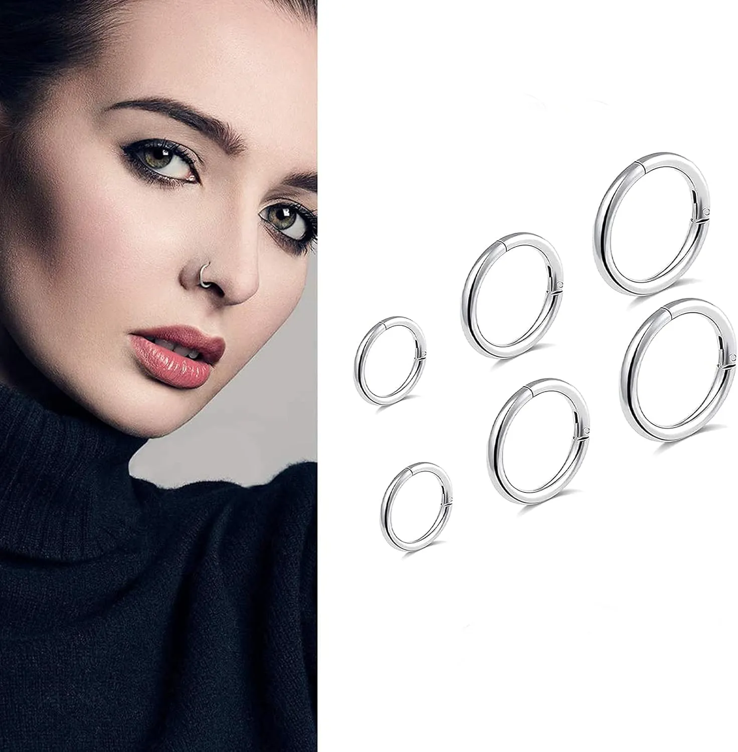 6pcs G23 Titanium Septum Rings 16G Diameter 6mm/8mm/10mm Hinged Nose Ring Hoops for Women Men Girls Cartilage Hoop Earrings Body Piercing Rings Black/Silver/Gold/Rose Gold Lip Rings