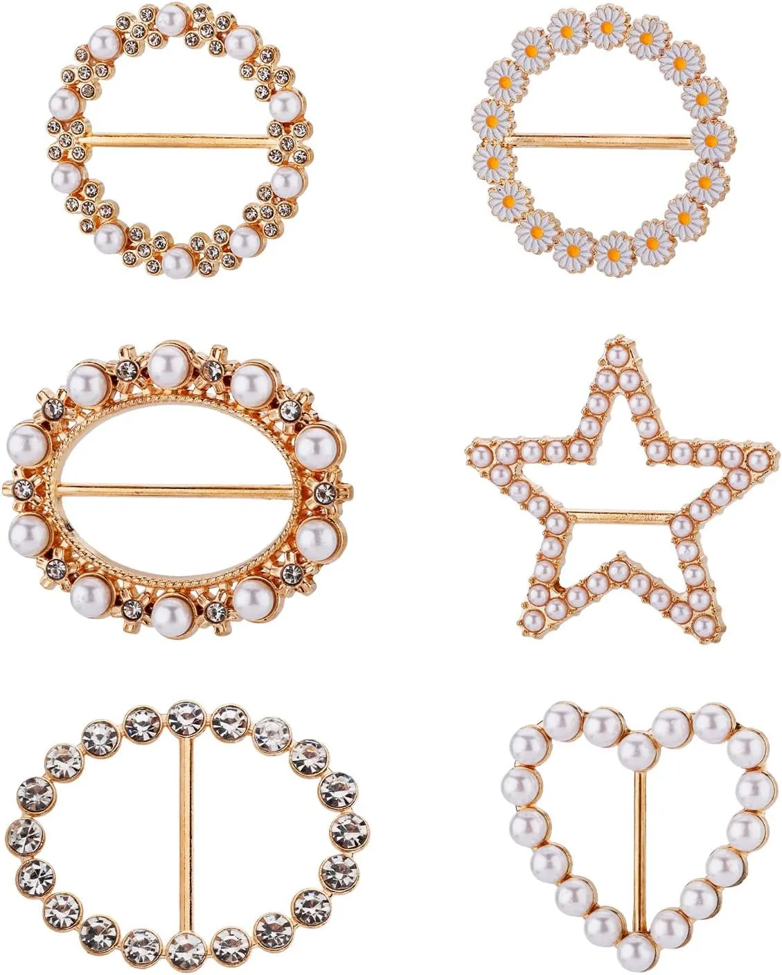 6pcs Silk Scarf Ring Clip, Metal Pearl Scarf Ring Clip T-Shirt Tie Round Clips Stylish Scarf Ring Shirt Waist Cinch Clip Clothes Corner Circle Knotted Button for Women Clothing Decoration Accessories