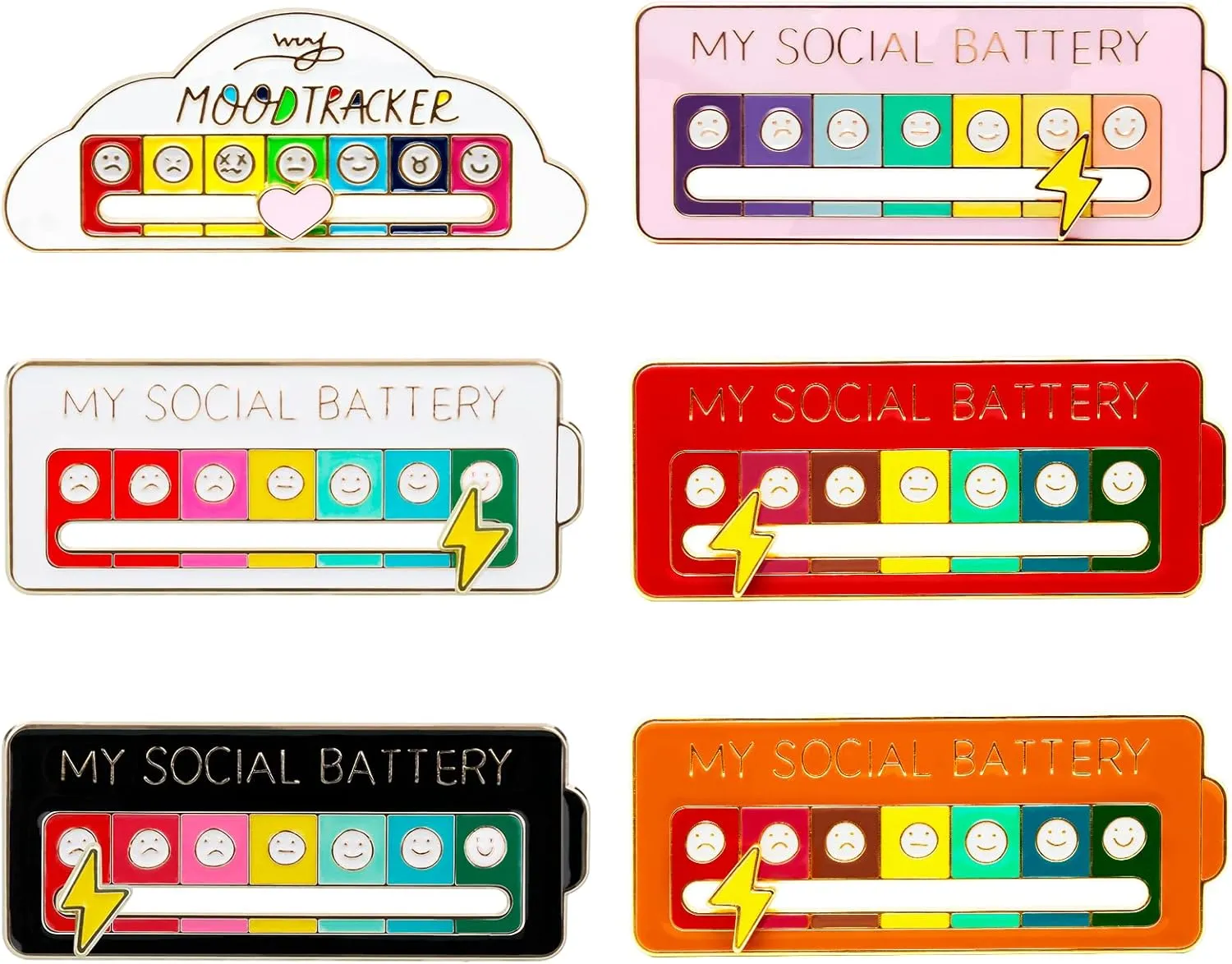 6PCS Social Battery Pin,My Social Battery Slider Pin,Funny Interactive Brooch Pins Lapel,Mood Enamel Pins 7 Days a Week for Backpacks Hat Bags Scarves Clothing