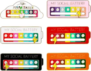 6PCS Social Battery Pin,My Social Battery Slider Pin,Funny Interactive Brooch Pins Lapel,Mood Enamel Pins 7 Days a Week for Backpacks Hat Bags Scarves Clothing