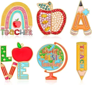 6PCS Teacher Enamel Brooch for Hats Rhinestone Crystal Teacher Appreciation Label Badges Last Day of School DIY Brooch Pins for Teacher Student Clothes Bags Backpack Back to School