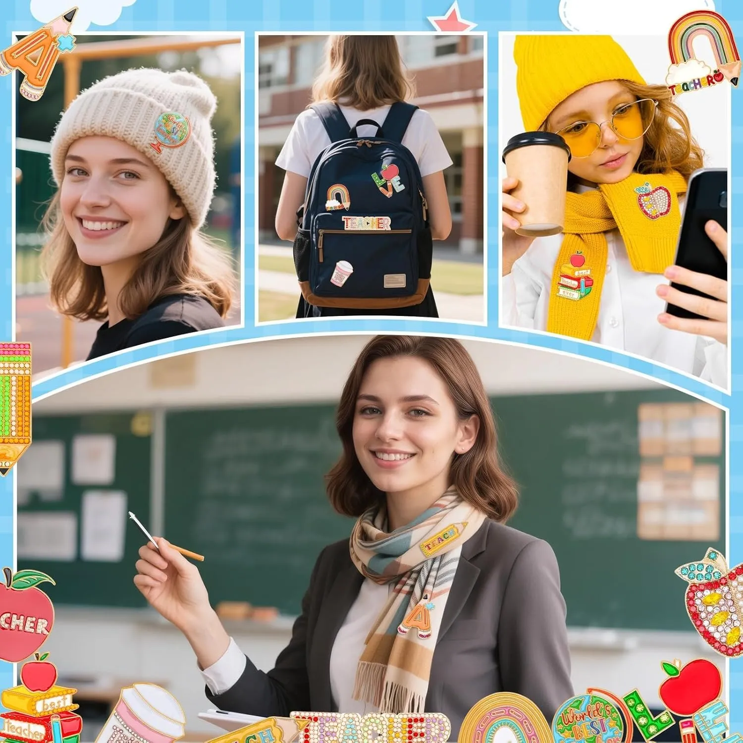 6PCS Teacher Enamel Brooch for Hats Rhinestone Crystal Teacher Appreciation Label Badges Last Day of School DIY Brooch Pins for Teacher Student Clothes Bags Backpack Back to School