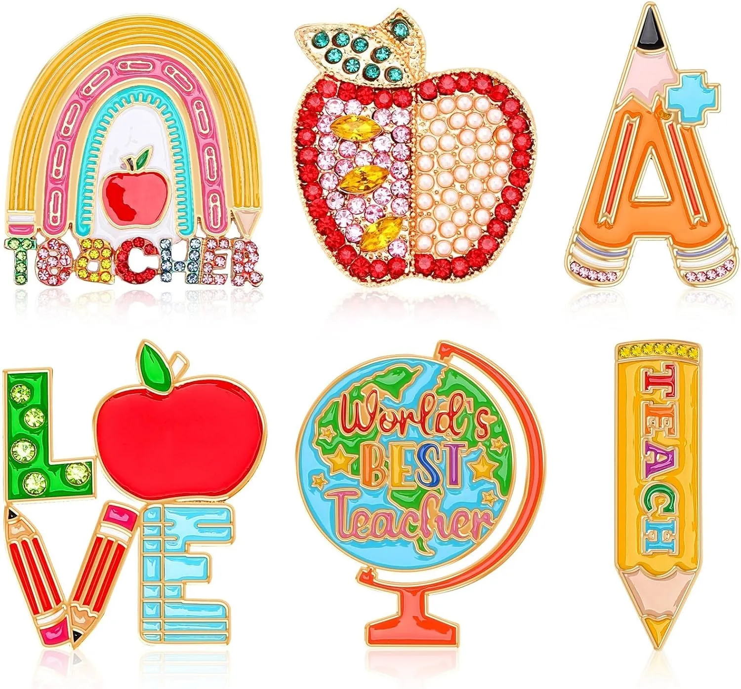 6PCS Teacher Enamel Brooch for Hats Rhinestone Crystal Teacher Appreciation Label Badges Last Day of School DIY Brooch Pins for Teacher Student Clothes Bags Backpack Back to School
