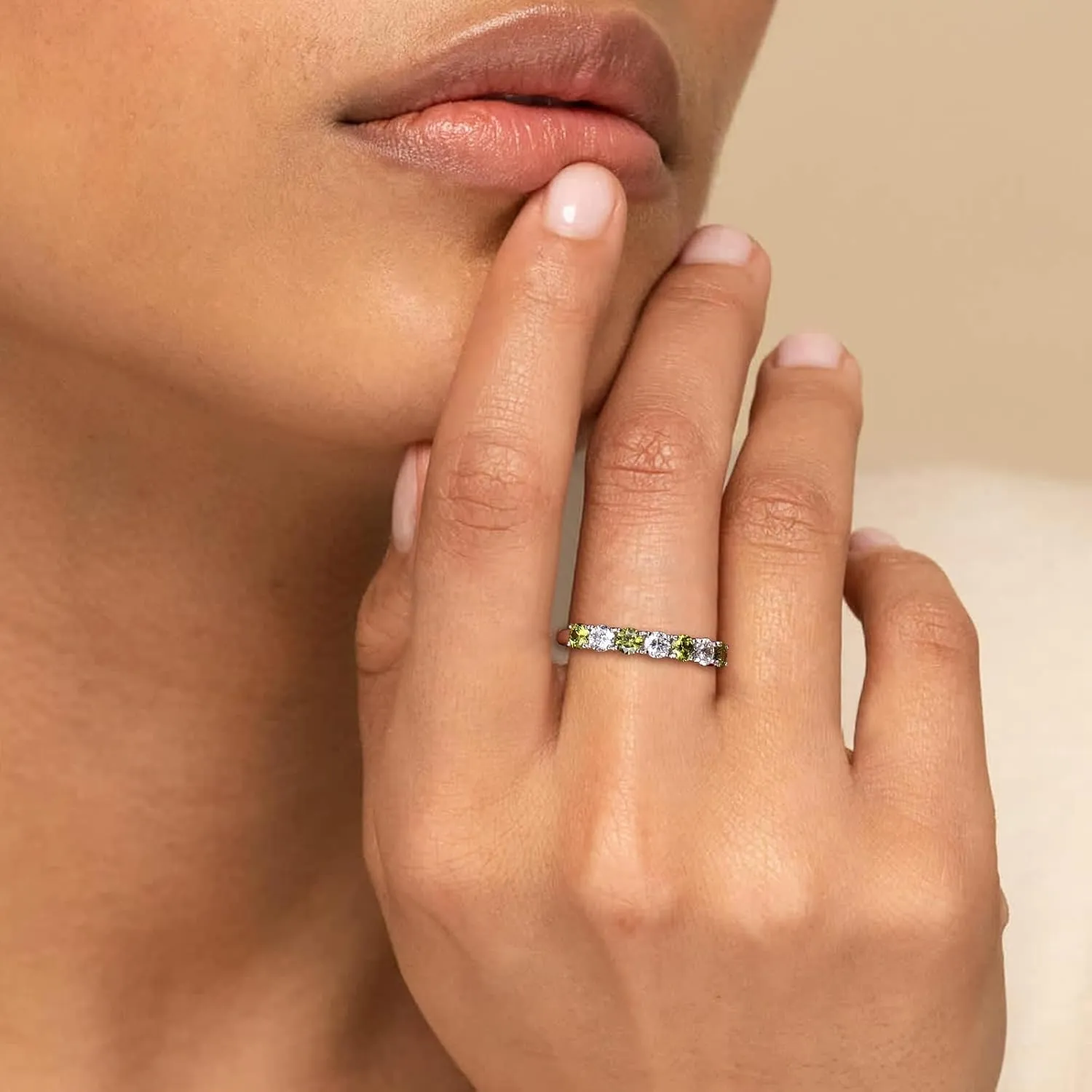 7 Stone Stackable Rings Sterling Silver Cubic Zirconia Birthstone Ring Half Eternity Band Rings for Women, Size 6 to 10, with Ring Box