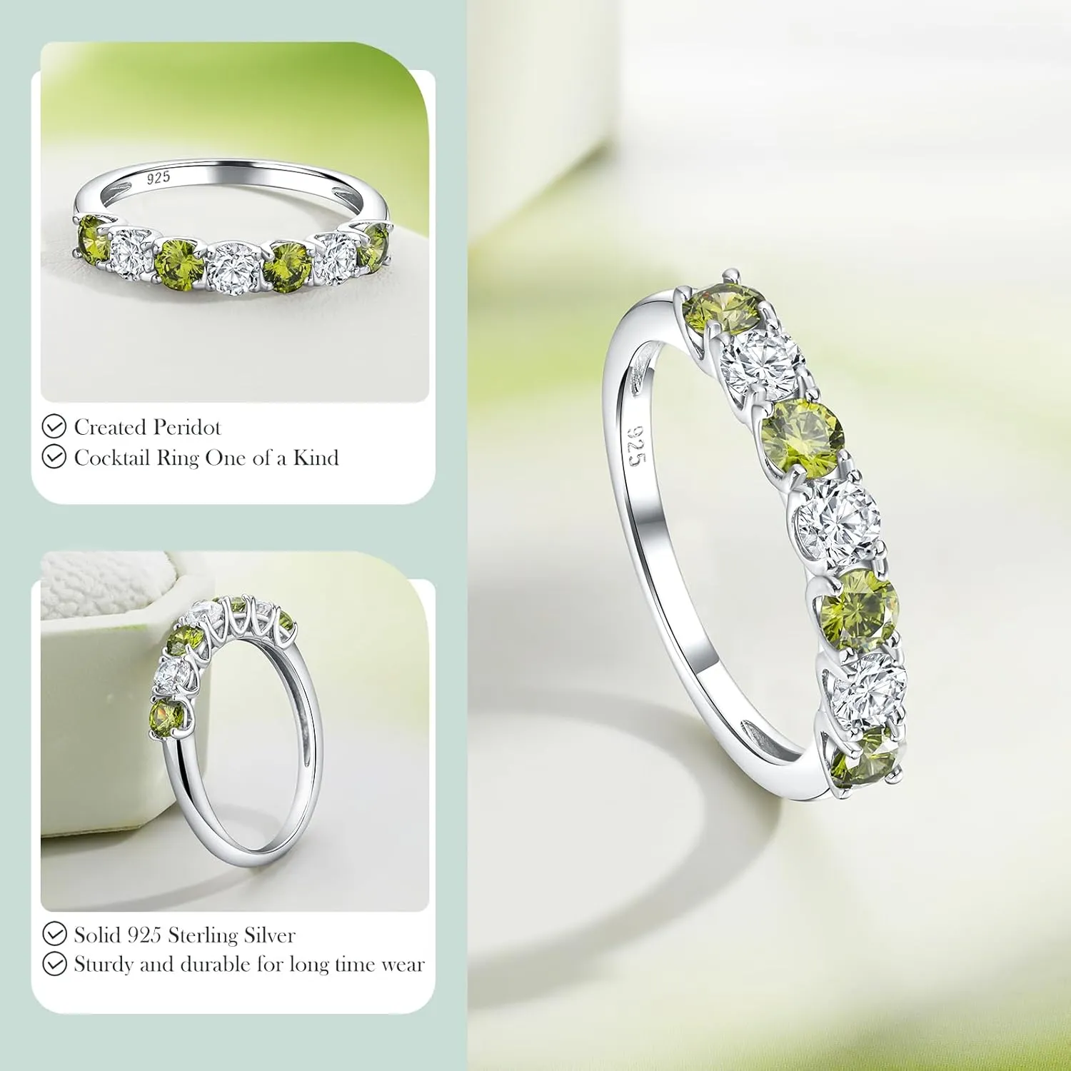 7 Stone Stackable Rings Sterling Silver Cubic Zirconia Birthstone Ring Half Eternity Band Rings for Women, Size 6 to 10, with Ring Box