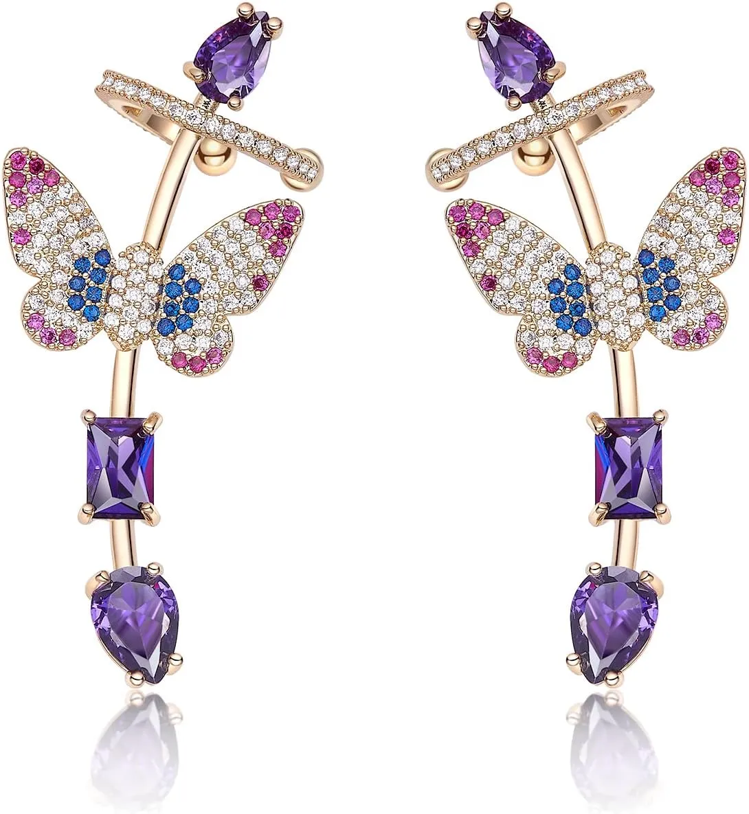 925 Sterling Silver Post Ear Cuff Earrings for Women Butterfly Cartilage Ear Climber Earrings Gold Purple Cubic Zirconia CZ Hypoallergenic Piercing Gifts For Her