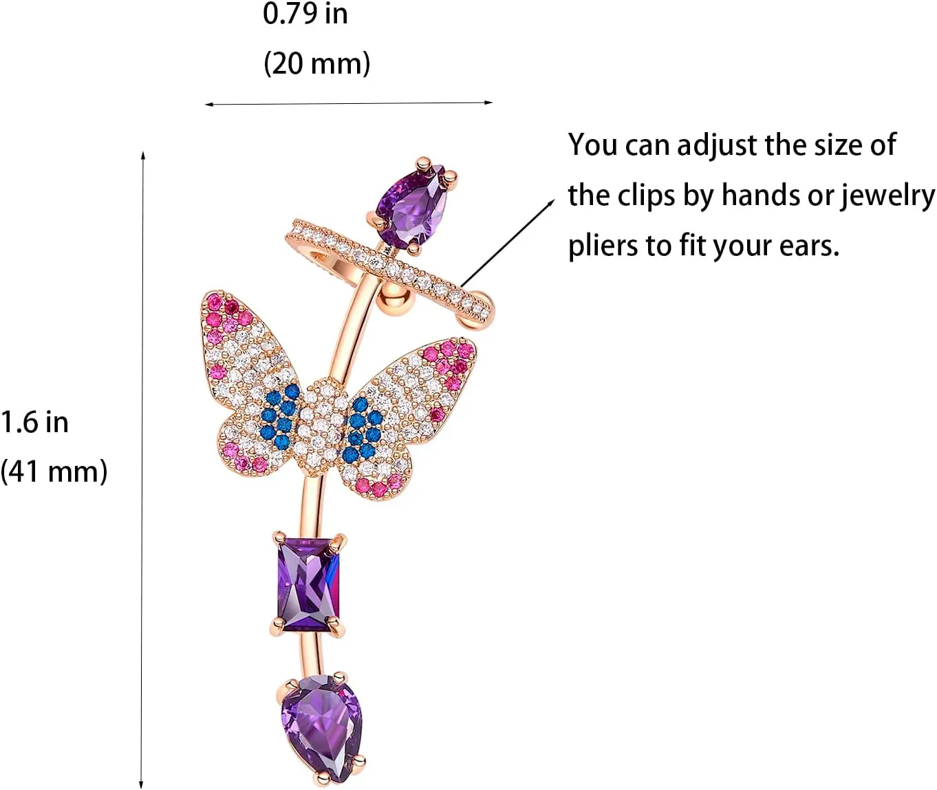 925 Sterling Silver Post Ear Cuff Earrings for Women Butterfly Cartilage Ear Climber Earrings Gold Purple Cubic Zirconia CZ Hypoallergenic Piercing Gifts For Her