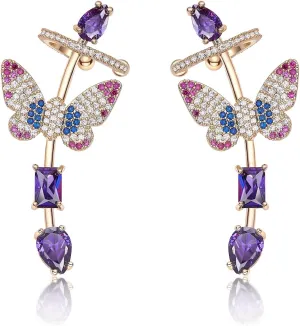 925 Sterling Silver Post Ear Cuff Earrings for Women Butterfly Cartilage Ear Climber Earrings Gold Purple Cubic Zirconia CZ Hypoallergenic Piercing Gifts For Her
