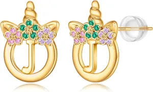 925 Sterling Silver Post Initial Unicorn Earrings - 14K/White Gold Plated, Birthday & Girl's Unicorn Gifts
