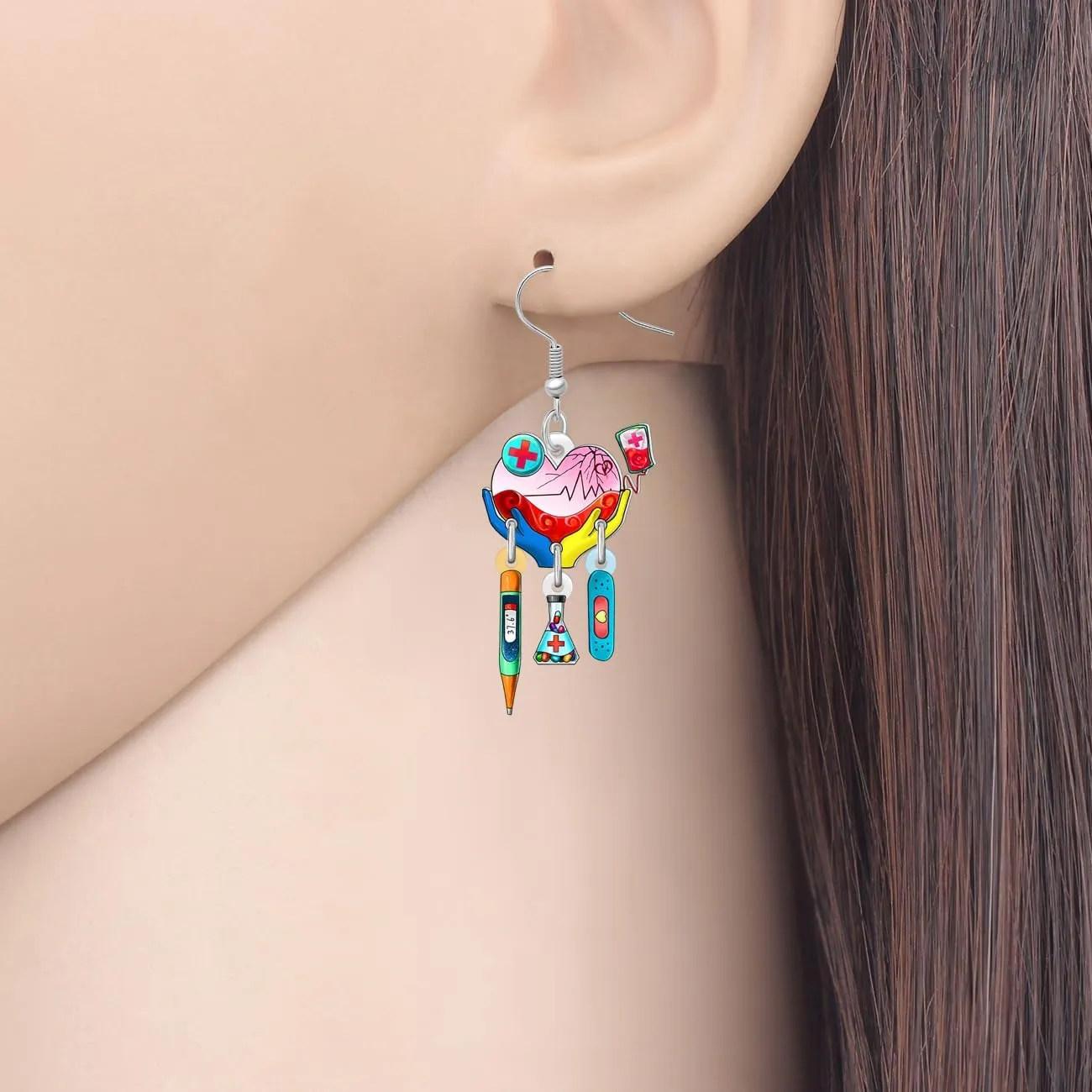Acrylic Cute Nurse Day Heartbeat Syringe Earrings Dangle Medical Theme Funny EKG Appreciation Students Graduation Jewelry Nursing Thank You Gifts for Women Mom Nurses Week Doctor RN