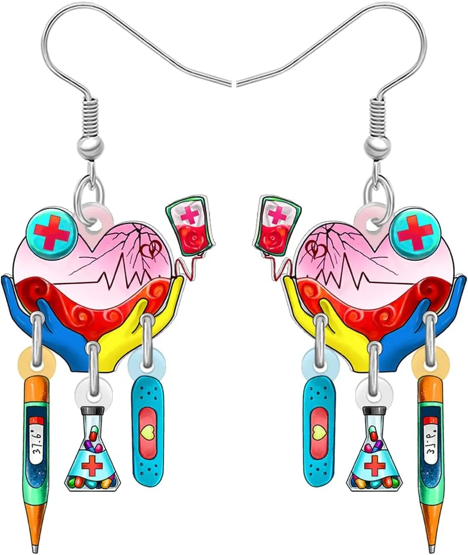 Acrylic Cute Nurse Day Heartbeat Syringe Earrings Dangle Medical Theme Funny EKG Appreciation Students Graduation Jewelry Nursing Thank You Gifts for Women Mom Nurses Week Doctor RN