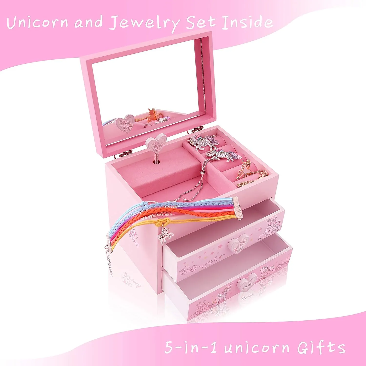 Agitation Unicorn Princess Wooden Musical Jewelry Box - Unicorn Gifts for Girls (Pink Unicorn3)
