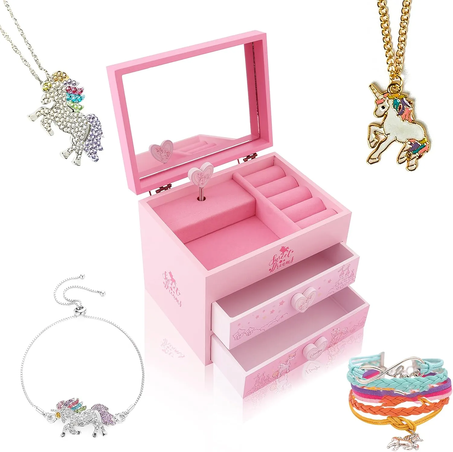 Agitation Unicorn Princess Wooden Musical Jewelry Box - Unicorn Gifts for Girls (Pink Unicorn3)