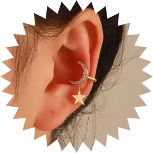 Andelaisi Boho Crystal Moon Ear Cuff Earrings Vintage Dangly Star Ear Clip Earrings Gold CZ Moon Crescent Cartilage Earrings Personalized Moon Star Wrap Hoop Earrings Jewelry for Women