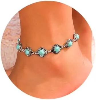 Anklets for Women Turquoise Anklet Silver Foot Chain Boho Anklets Round Shape Beach Foot Jewelry for Women