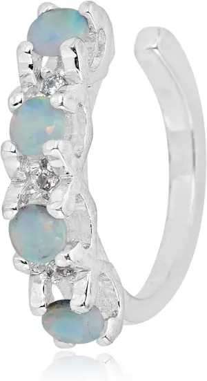 AVORA 925 Sterling Silver Simulated Opal Single Row Ear Cuff with Simulated Diamond CZ