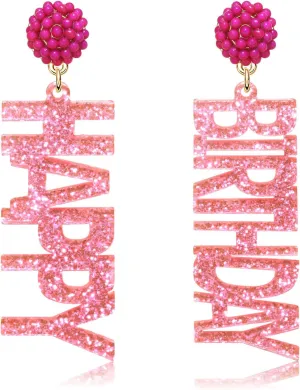Beaded Glitter BDAY Letter Dangle Earrings - Acrylic Happy Birthday Earrings for Women's Birthday & Holiday Parties