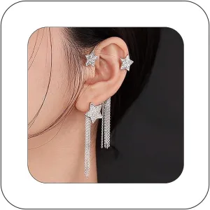 BETHYNAS Sparkly Star Ear Cuffs with Chain Tassel Non-piercing Rhinestone Cluster Star Ear Cartilage Clips Dainty Star Ear Climbers for Women