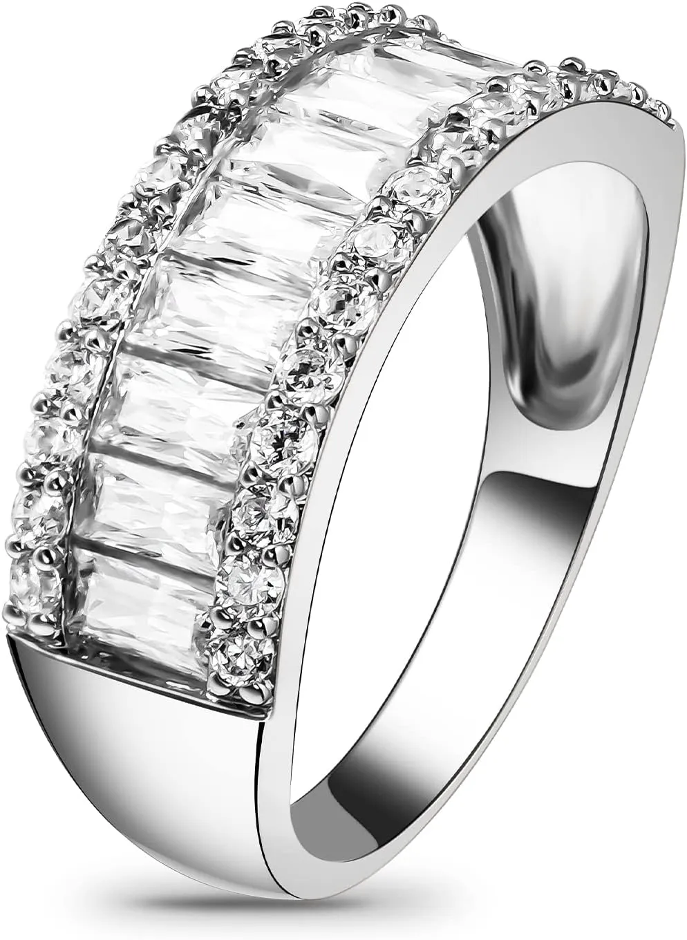 Beutirer Wedding Rings for Women, 18K Gold Plated Promise Wedding Band for Women, 3-Row Round and Baguette Emerald Cut Cubic Zirconia Engagement Rings, Anniversary Rings, Gold Rings for Women Size 5-9