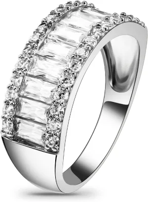 Beutirer Wedding Rings for Women, 18K Gold Plated Promise Wedding Band for Women, 3-Row Round and Baguette Emerald Cut Cubic Zirconia Engagement Rings, Anniversary Rings, Gold Rings for Women Size 5-9