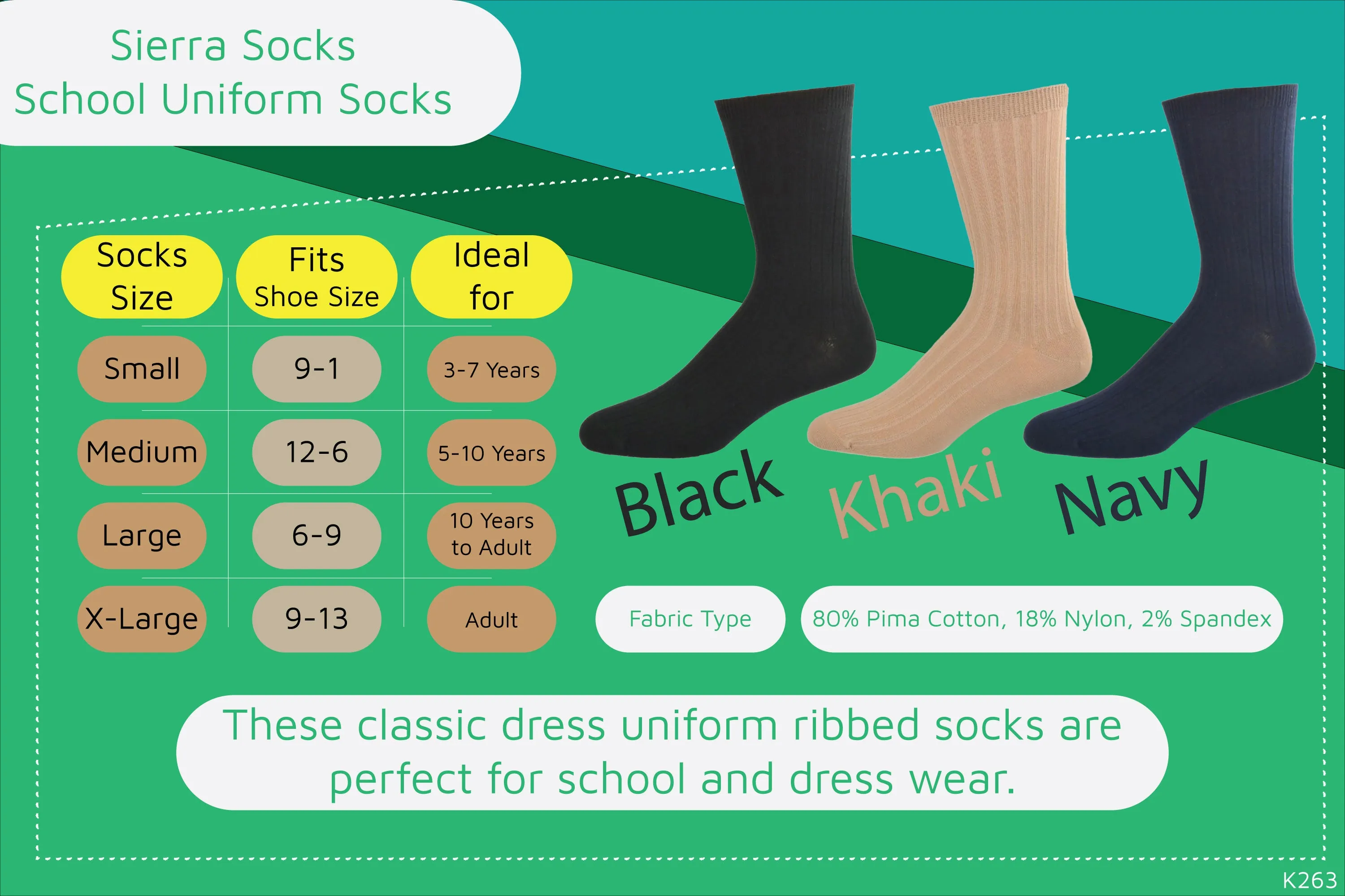 Big Boys & Girls (Unisex) Classic Dress Uniform Ribbed Crew Socks
