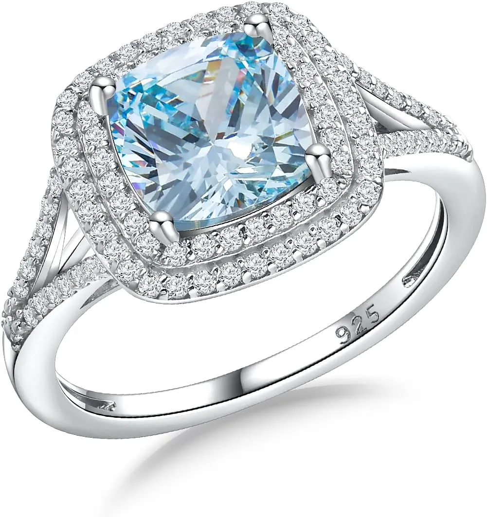 Birthstone Rings for Women 925 Sterling Silver Created Gemstone Cubic Zirconia Ring Heart/Pear/Round/Cushion/Emerald/Oval Engagement Double Halo Ring Size 6 to 10