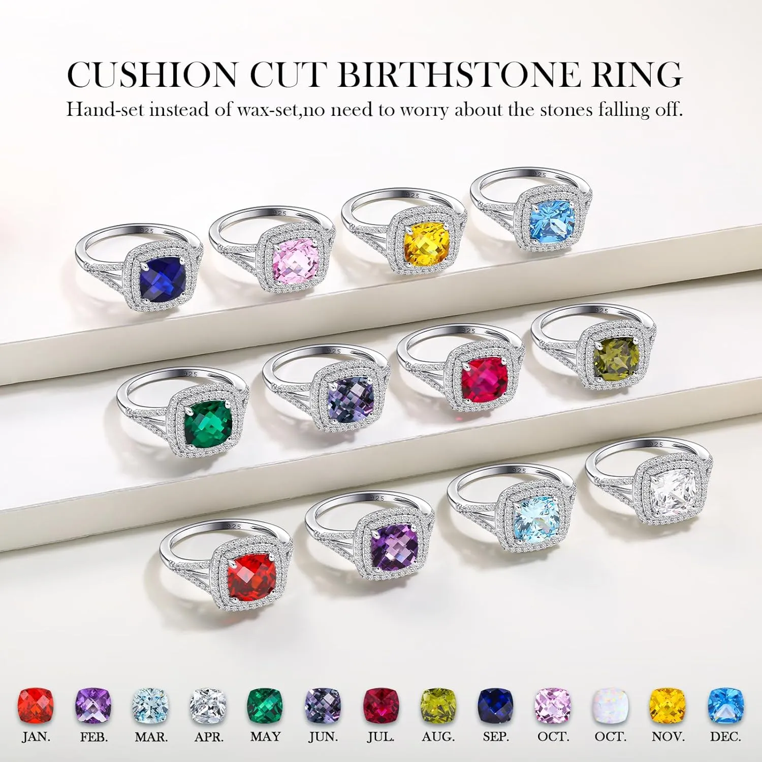 Birthstone Rings for Women 925 Sterling Silver Created Gemstone Cubic Zirconia Ring Heart/Pear/Round/Cushion/Emerald/Oval Engagement Double Halo Ring Size 6 to 10