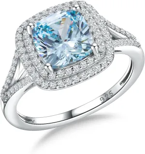 Birthstone Rings for Women 925 Sterling Silver Created Gemstone Cubic Zirconia Ring Heart/Pear/Round/Cushion/Emerald/Oval Engagement Double Halo Ring Size 6 to 10