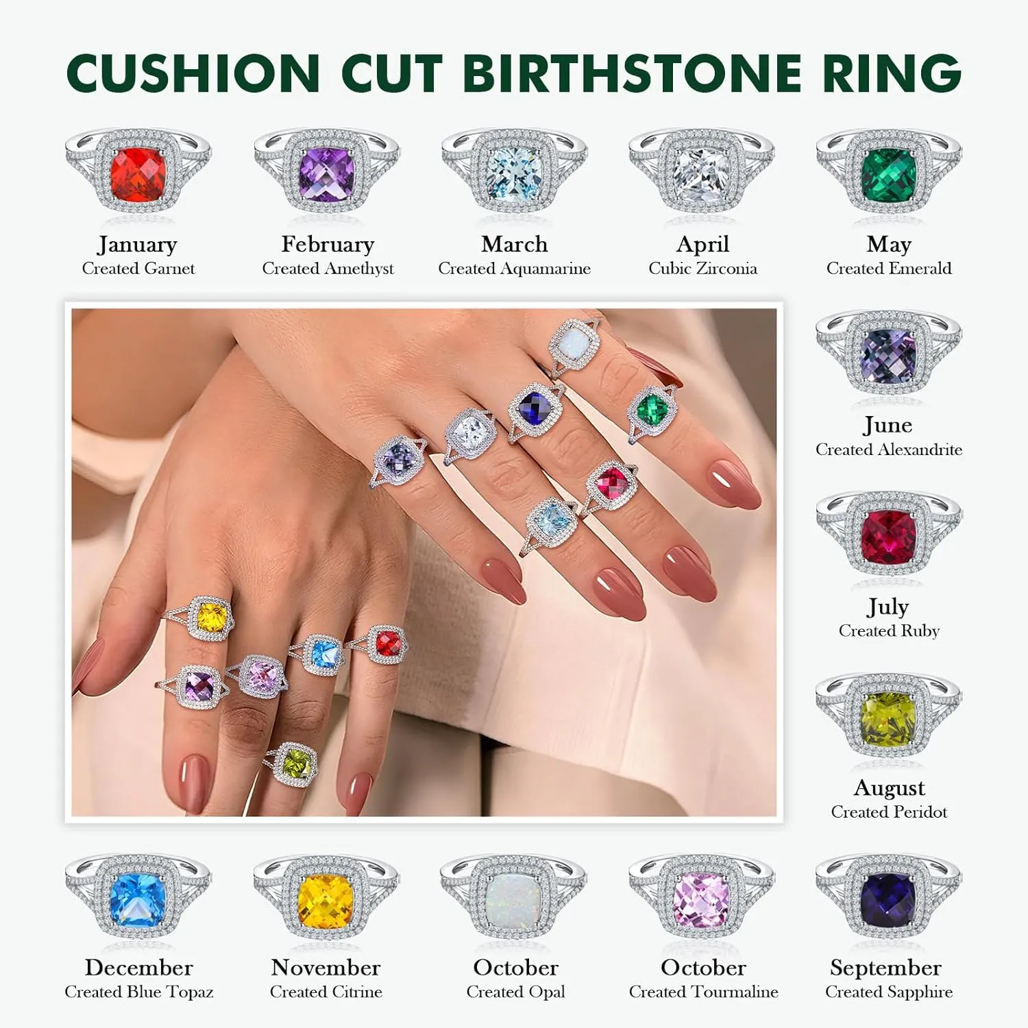 Birthstone Rings for Women 925 Sterling Silver Created Gemstone Cubic Zirconia Ring Heart/Pear/Round/Cushion/Emerald/Oval Engagement Double Halo Ring Size 6 to 10