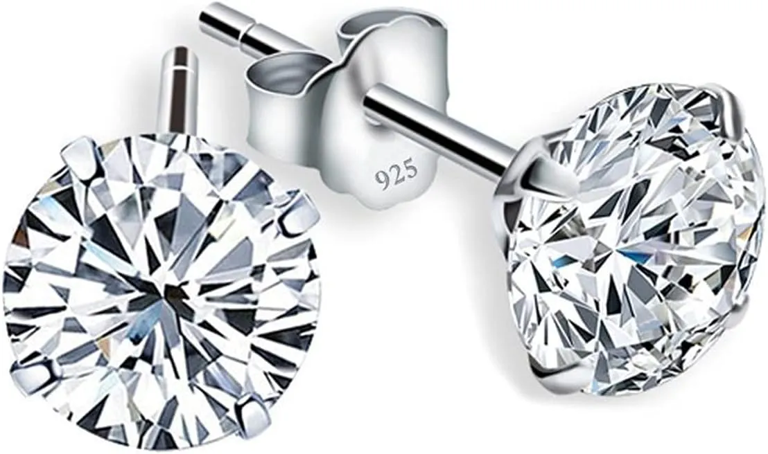 BISAER 925 Sterling Silver Cubic Zirconia Stud Earrings for Women Hypoallergenic Round CZ Earrings