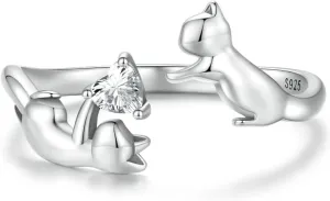 BISAER Sterling Silver Cat Rings - Adjustable Lovely Cats Animal Open Hug Rings - Women's Jewelry & Gifts