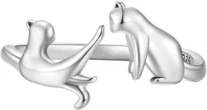 BISAER Sterling Silver Cat Rings - Adjustable Lovely Cats Animal Open Hug Rings - Women's Jewelry & Gifts
