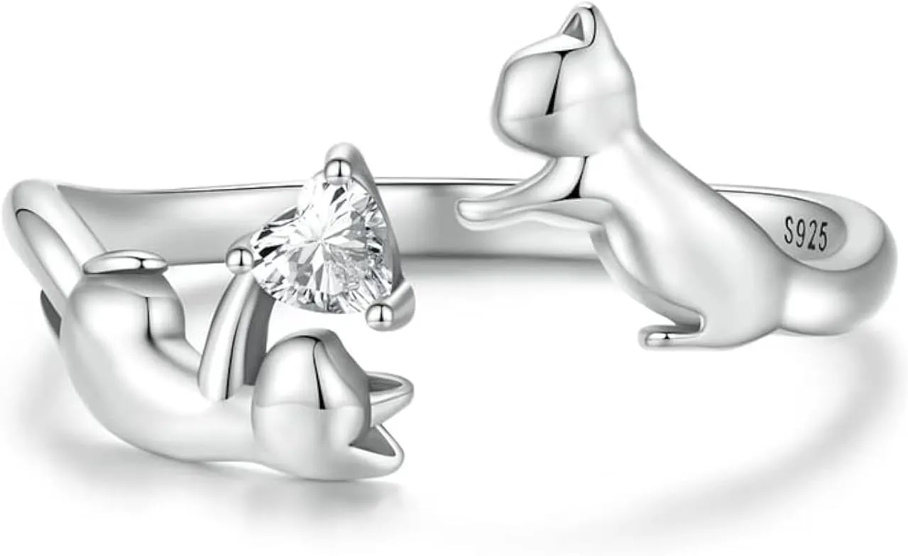BISAER Sterling Silver Cat Rings - Adjustable Lovely Cats Animal Open Hug Rings - Women's Jewelry & Gifts