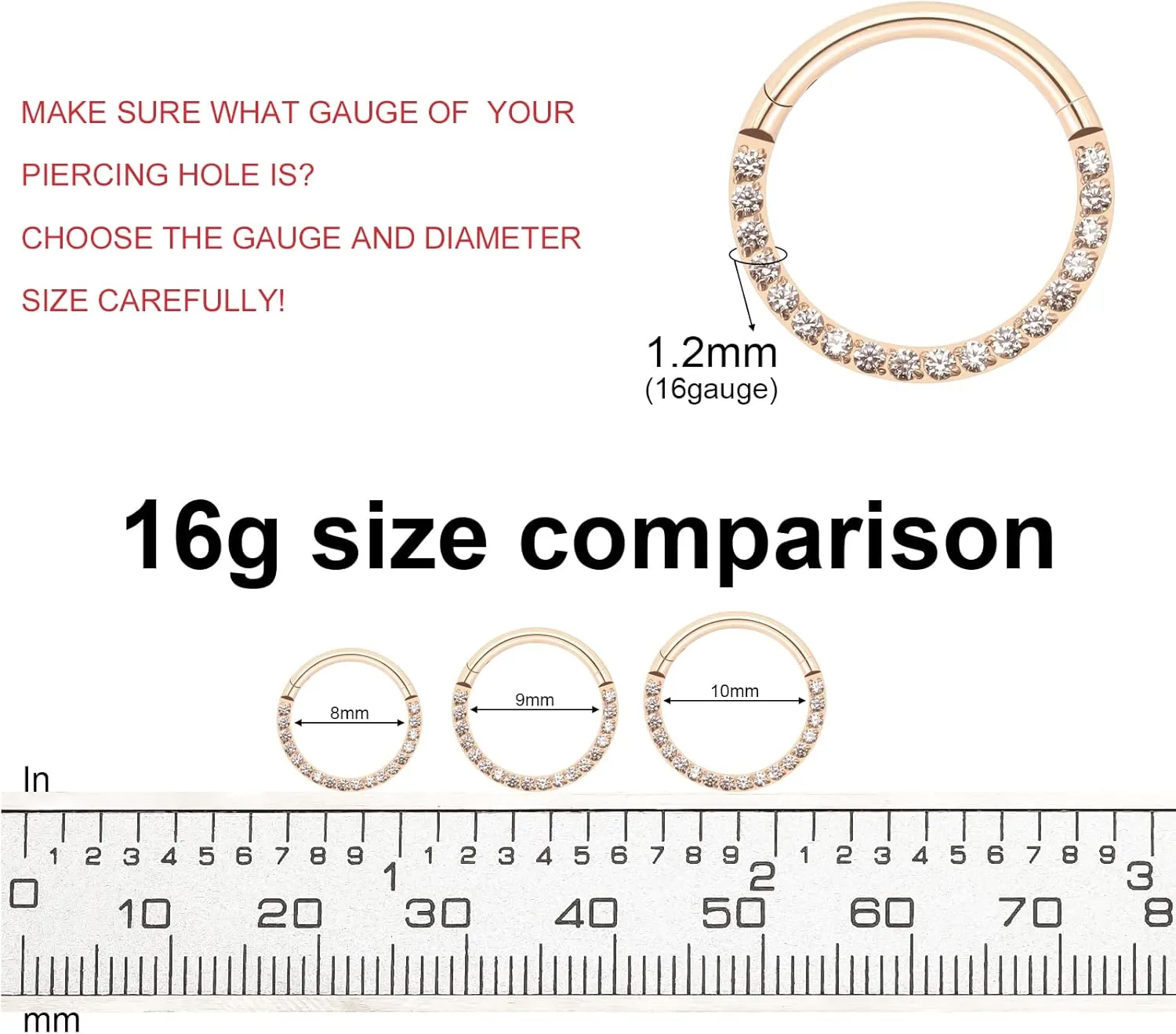 BLISI G23 Titanium Nose Rings Hoop Septum Clicker 16G Hinged Nose Segment Ring Hoop 8mm/9mm/10mm Cubic Zirconia Cartilage Earrings Conch Daith Helix Rook Tragus Ear Body Piercing Jewelry