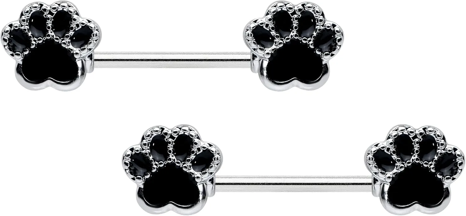 Body Candy 14G Womens Nipplerings Piercing Stainless Steel 2Pc Cat Dog Black Paw Print Nipple Ring Set 9/16"