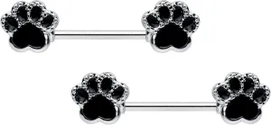 Body Candy 14G Womens Nipplerings Piercing Stainless Steel 2Pc Cat Dog Black Paw Print Nipple Ring Set 9/16"