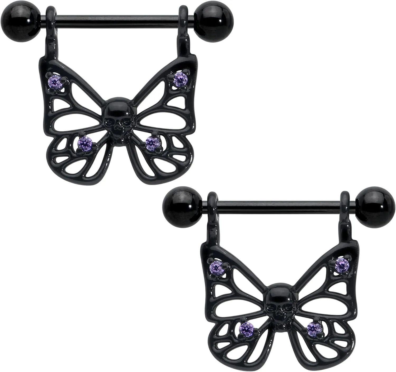 Body Candy 14G Womens Nipplerings Piercing Surgical Steel Black Skull Butterfly Dangle Nipple Ring Set 11/16"