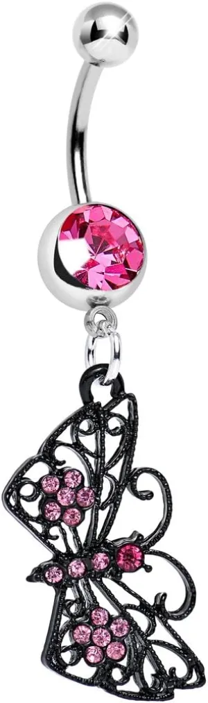 Body Candy Pink Floral Wings Black Butterfly Dangle Belly Ring